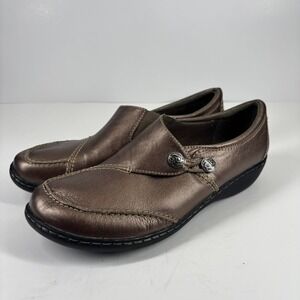 Clarks Ashland Lane Q Women's US 9.5W Pewter Leather‎ Comfort Slip-On Loafers
